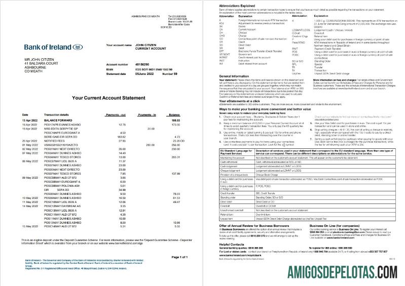 Declaração do Banco da Irlanda da Irlanda 2 páginas amostra